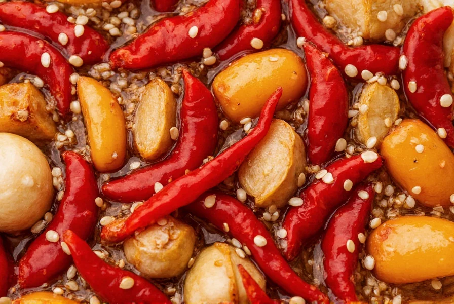 Close-up of traditional Sichuan chili crisp showing red chilies, garlic pieces, and sesame seeds suspended in oil