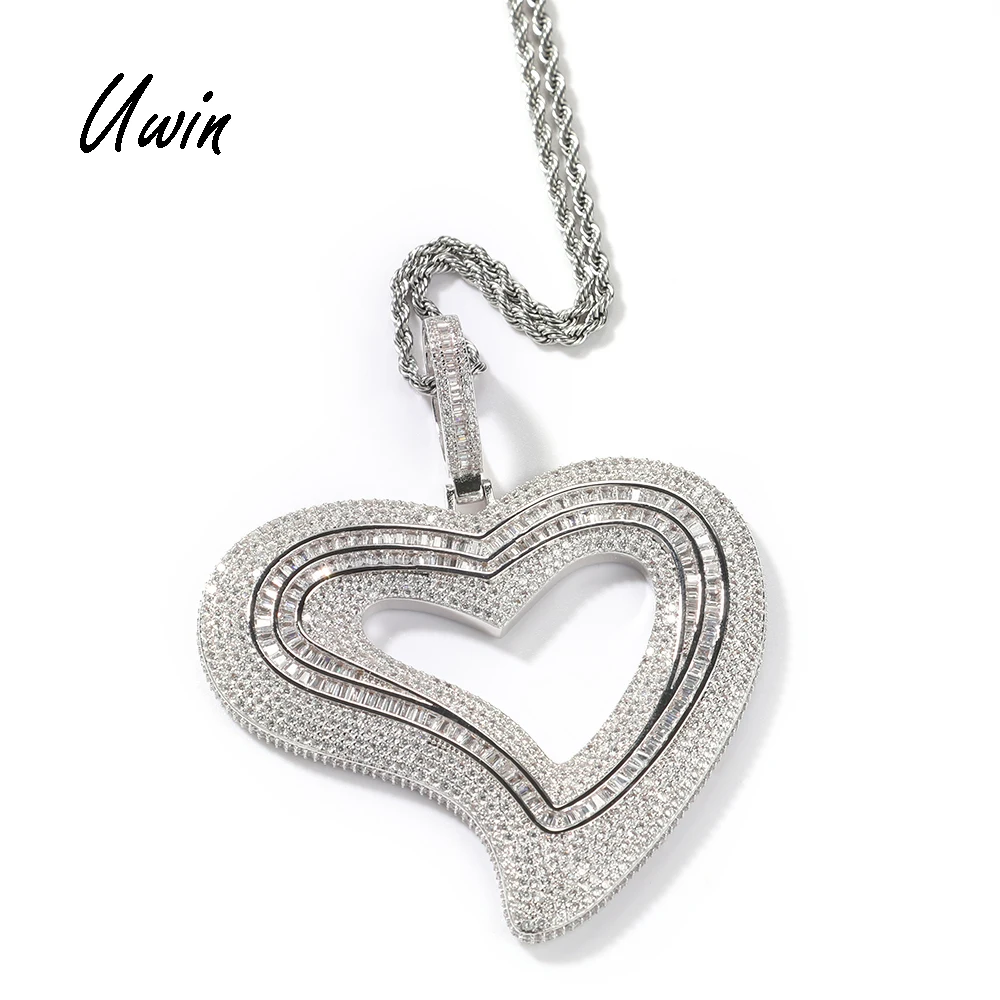 

Uwin Big Hollow Heart Pendant Iced Out Crystal CZ Brass Heart Charm Pendant Necklace Rapper Bling Gift Jewelry