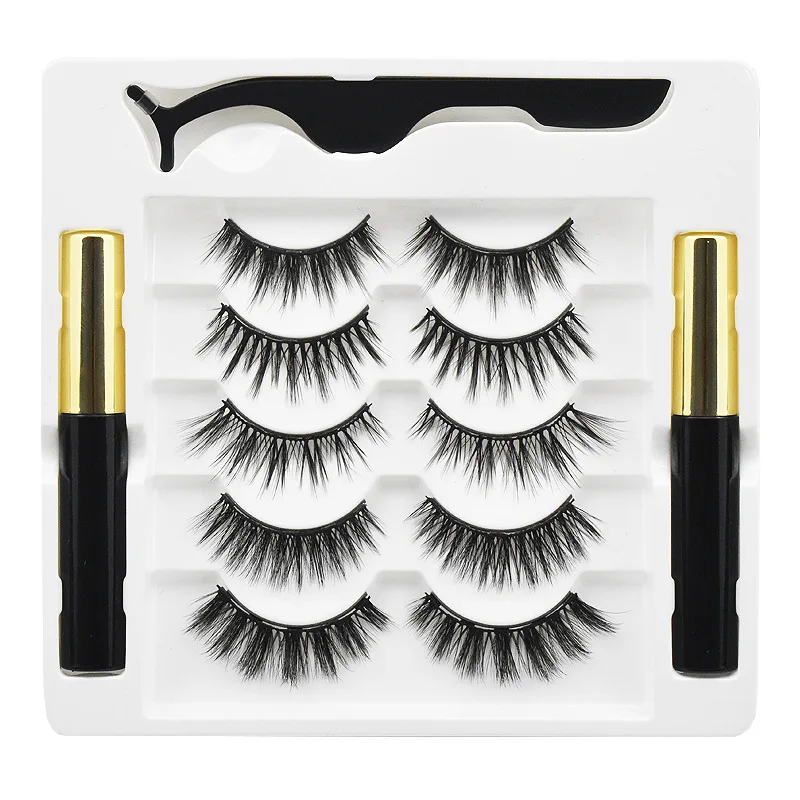 

Hand Made Full Strip Lashes 5 Pairs Set Magnetic Eyelashes Tweezers Extension Waterproof False Eye Lashes with Eyeliner pencil, Black color