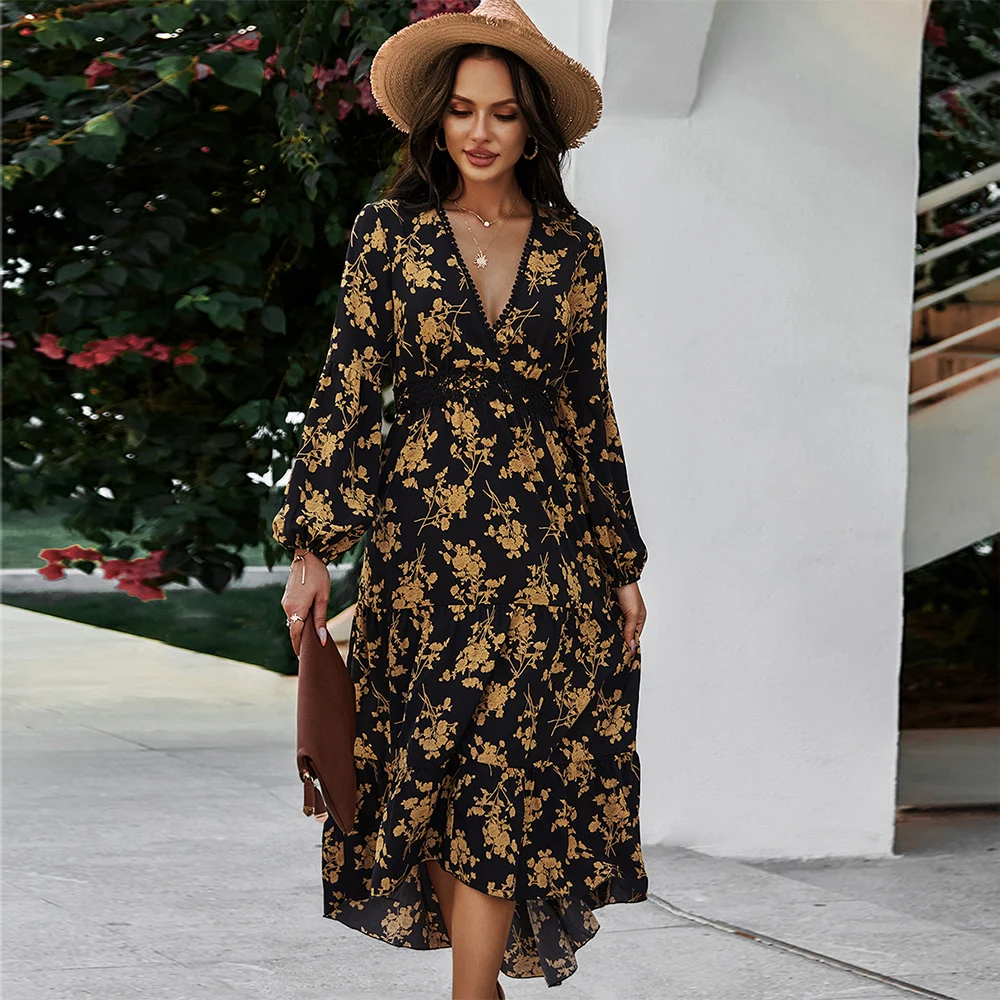 

2021 New Arrival Floral Print Long Sleeve Casual Dresses For Women Wholesale China