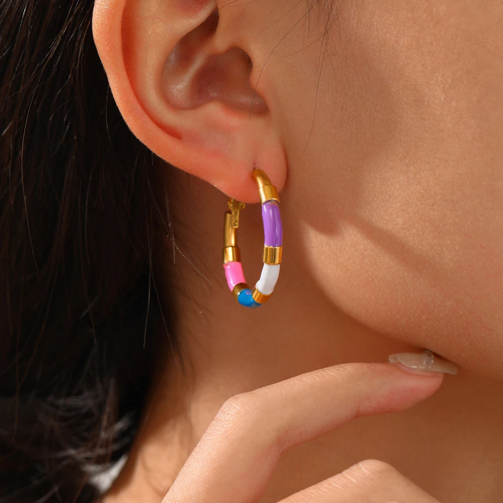 

2023 Summer 18K Gold Plated Stainless Steel Jewelry Enamel Colorful Hoop Earrings for Women