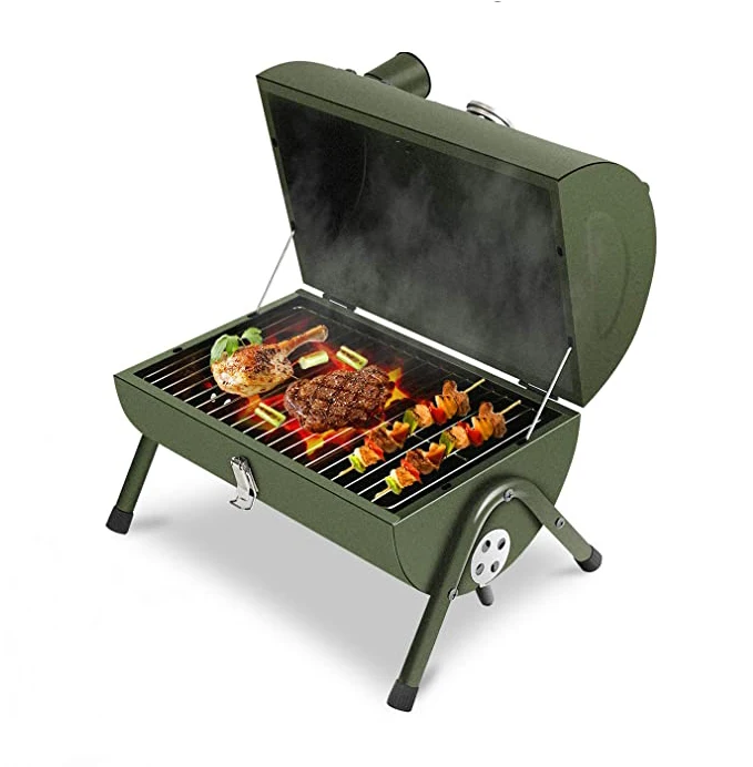 

Wooden Handle Outdoor Charcoal Grill Smoker Mini Portable Barbeque Charcoal Grill, Army green