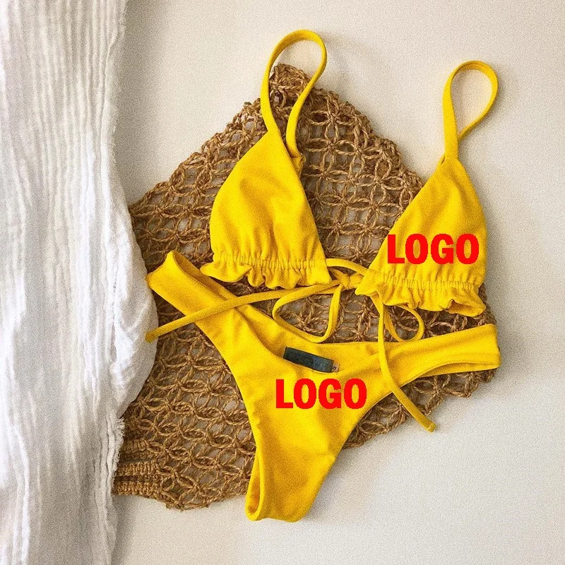 

Custom Logo New Fashion In Stock Summer Solid Color Bikini Sexy Ladies Ruffle Swimwear Swimsuit For Women