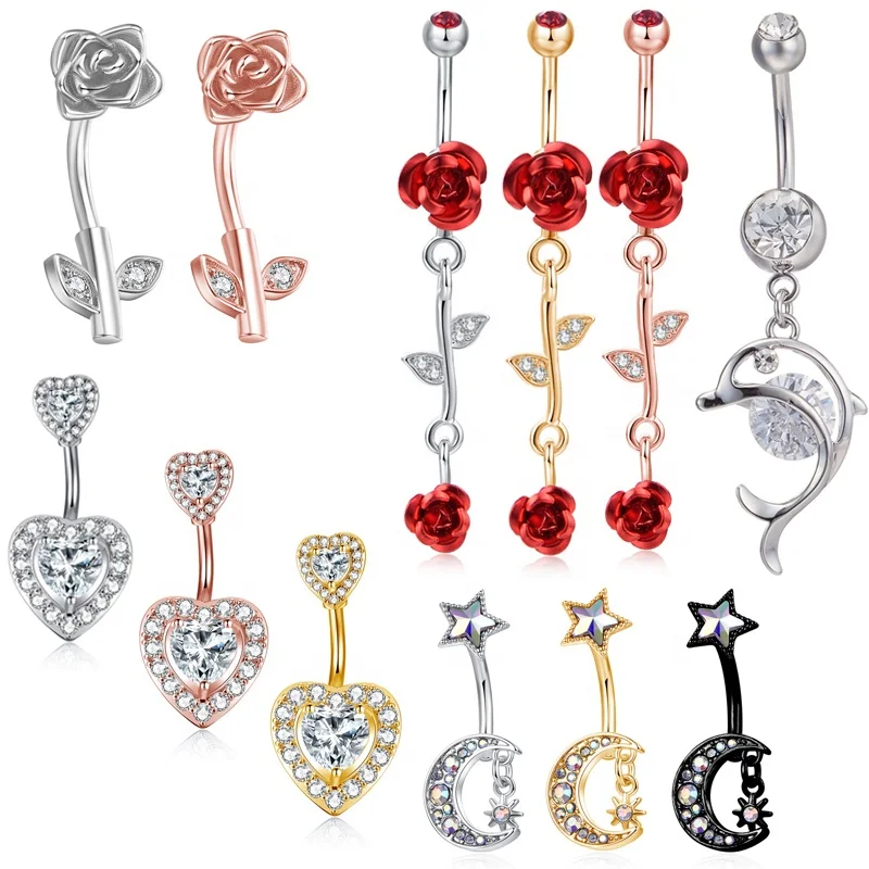 

SUNTOWN Hot-Selling Bling Rhinestone Rose Flower Dolphin Shiny Stars Stainless Steel Belly Button Piercing Body Jewelry, Silver;gold;rose gold
