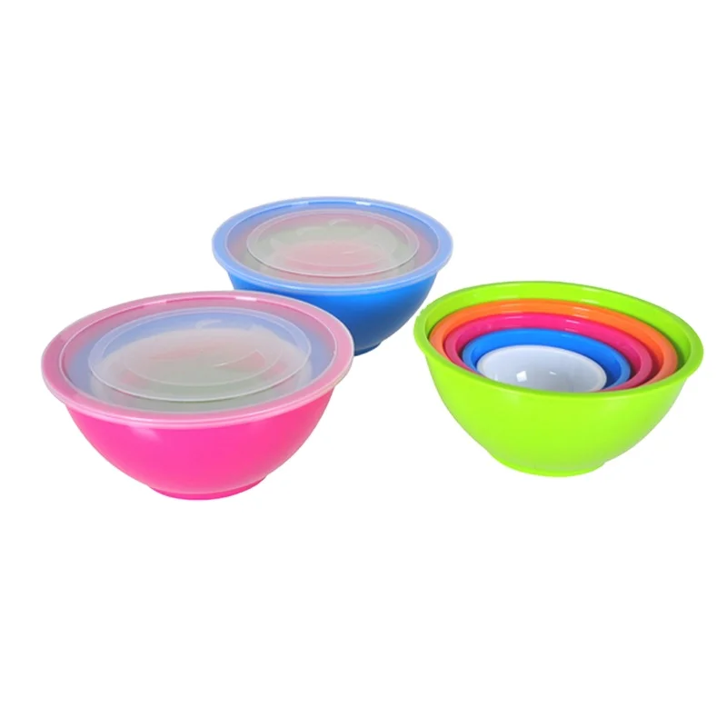 

High Quality Kitchen Colorful Pp Plastic Serving Chinese Soup Salad Mixing Bowl Set Of 5 With Cover, Green, blue, fuchsia, orange, green, can be customized