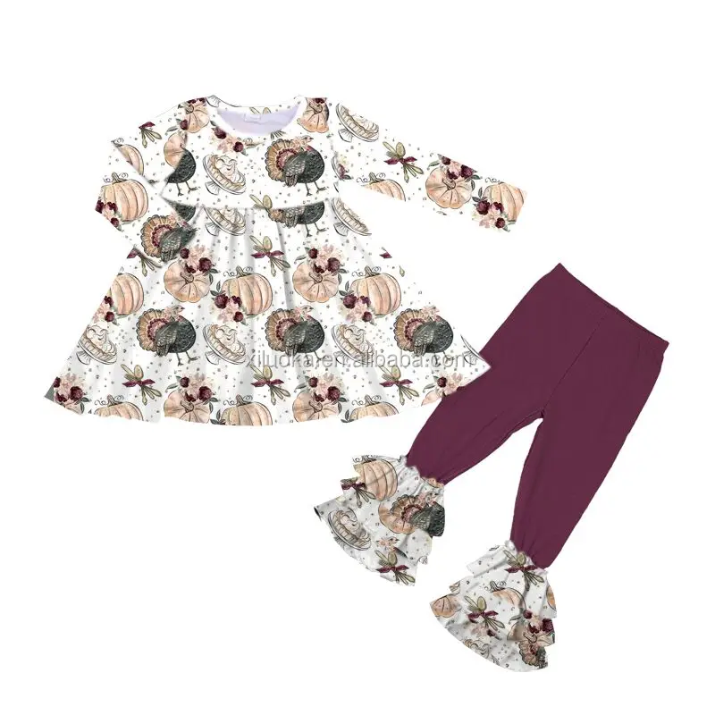 

Long Sleeve Kids Boutique Clothing Turkey Pumpkin Print Halloween Girl Outfit