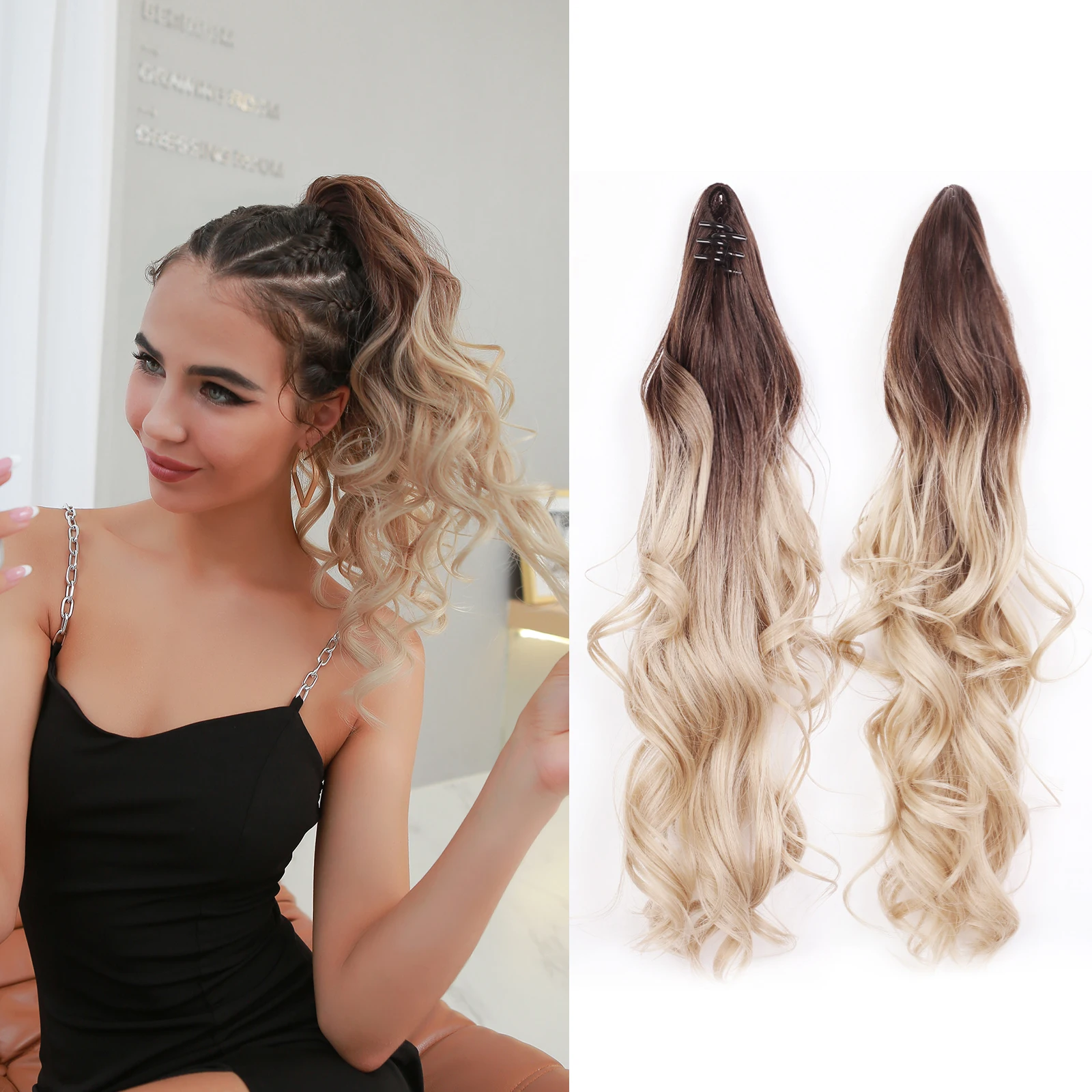 

Heat Resistant Synthetic Hair 90gr 18" Wavy Claw Clip in/on Ponytail Hair Extensions, Reference picture display