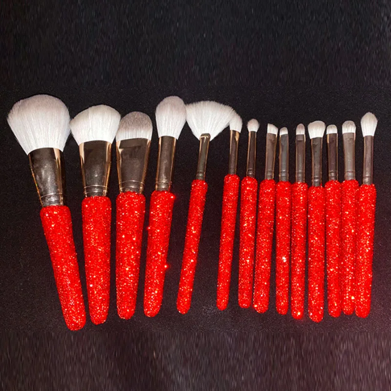 

12/14pcs diamond makeup brush set pink/red/silver crystal brushes customized logo sparkle glitter brochas, Colorful options