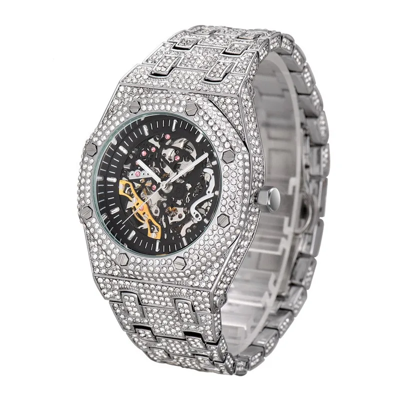 

2022 New Arrival Hip Hop Stainless Steel Natural Moissanite Diamond Luxury Brand Men Iced Out CZ Mechanical Watch, See picture