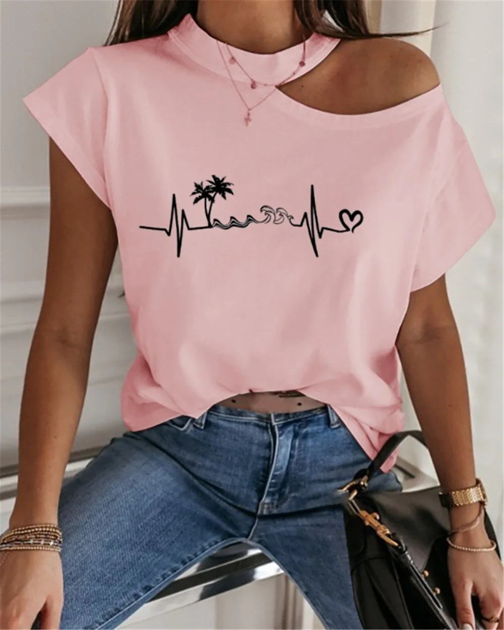 

casual printed top off shoulder short sleeved t-shirt plus size women's clothing off shoulder shirt women