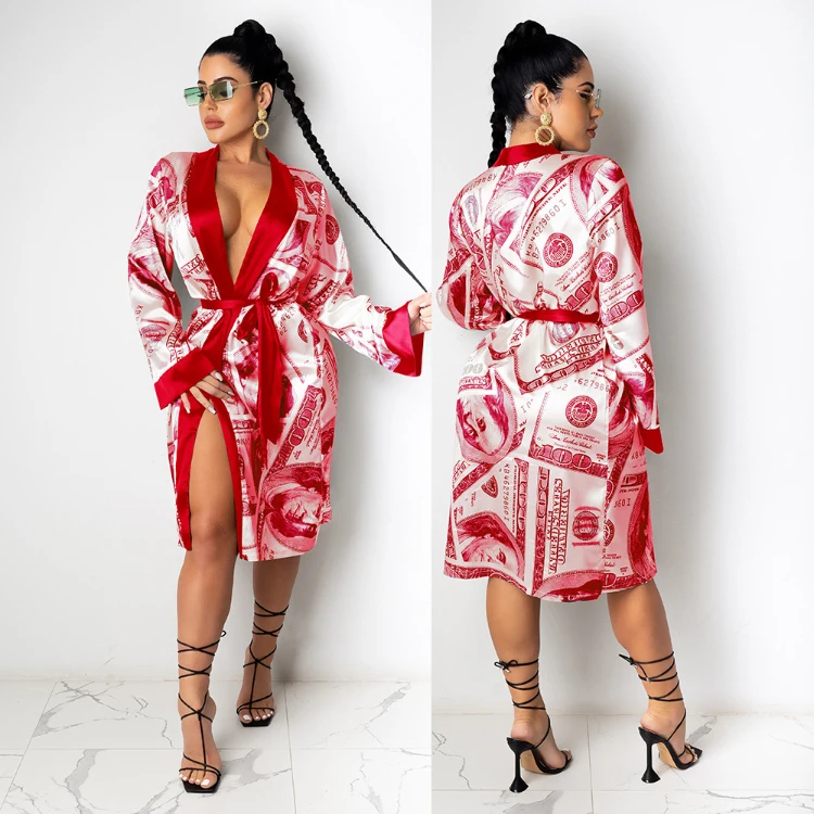 

2021 NEW High Quality Plus Size Satin Sleeping Kimono Robe Money Print Clothing Hotel Silk Bath Robe For Women, Customized color