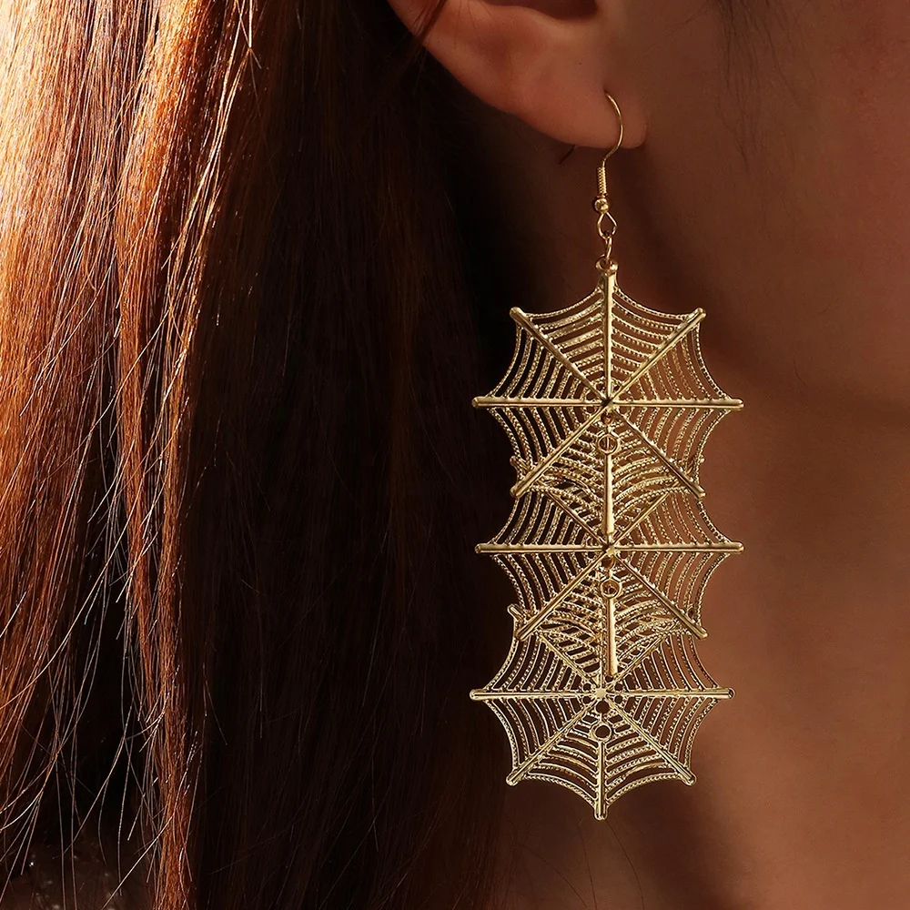 

2021 Fashion Gold Plated Halloween Spider Web Hollow Women Long Earrings Jewelry Accessories, Picture shown