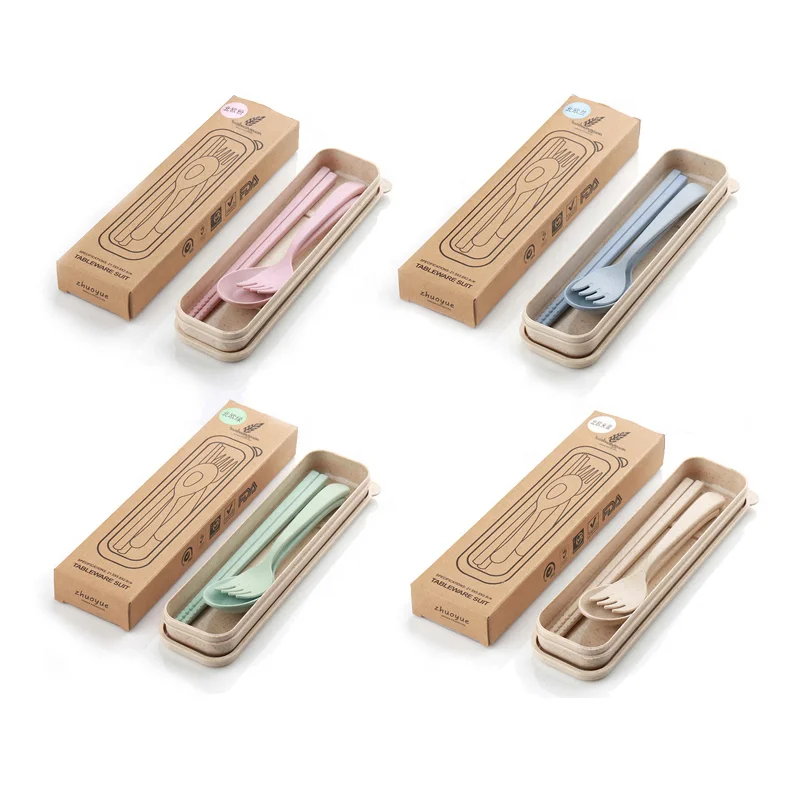 

Camping travel fork spoon chopsticks set plastic tableware portable wheat straw bio party customized cutlery set with case, Any color is okay