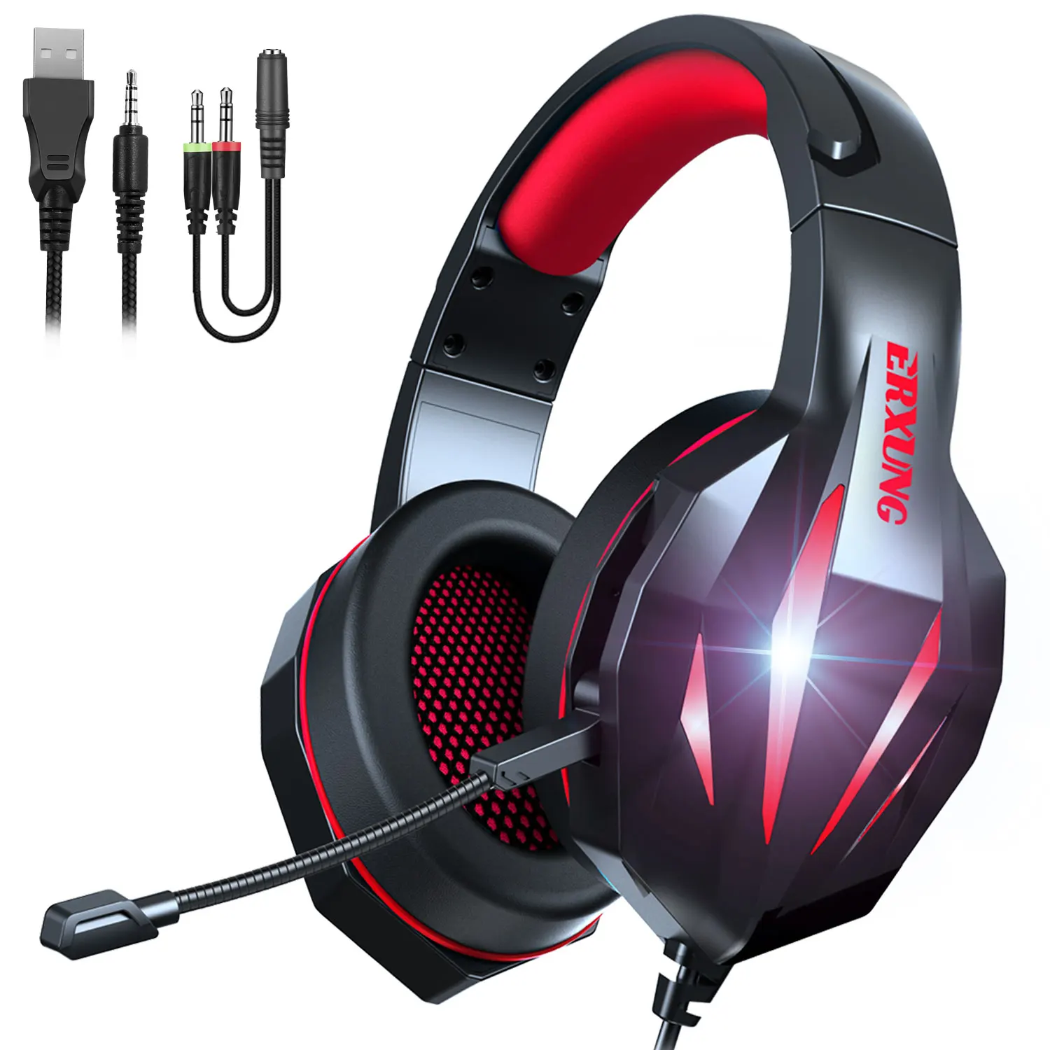 

2021 Amazon Hot Sale Red E-sport Boys Wired Mic Cool Comfortable Girls Light Up Stylish Computer Games Lighting Headset Gaming
