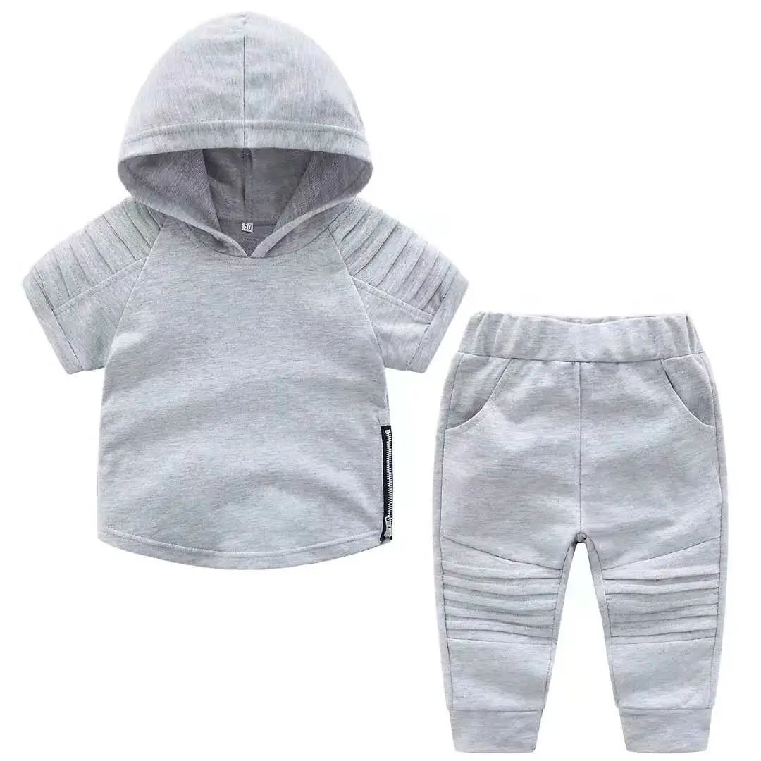 

Baby clothing New fashion summer pure cotton gray two piece pants set hooded t-shirt and shorts free shipping's items for kids