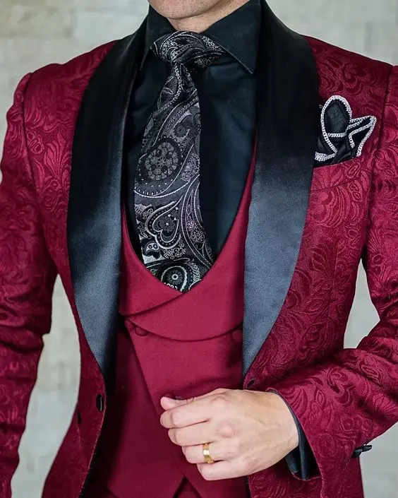 

HD150 2021 Tailor-Made Burgundy Wedding Men Suits Slim Fit Tuxedo 3 Pieces Suits Groom Prom Jacquard Blazer Terno Masculino Suit, Per the request