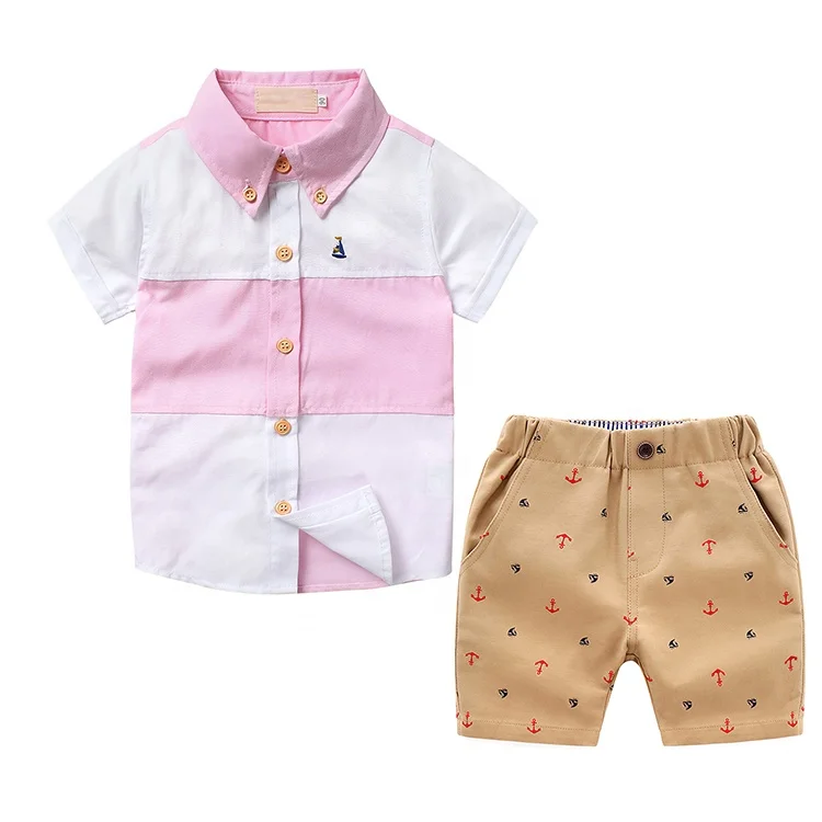 

Summer Apparel 100% Cotton Children's Wear for Boys Spliced Short-sleeved Shirt and Print Shorts 2 Piece Boys Clothing Sets, Pink