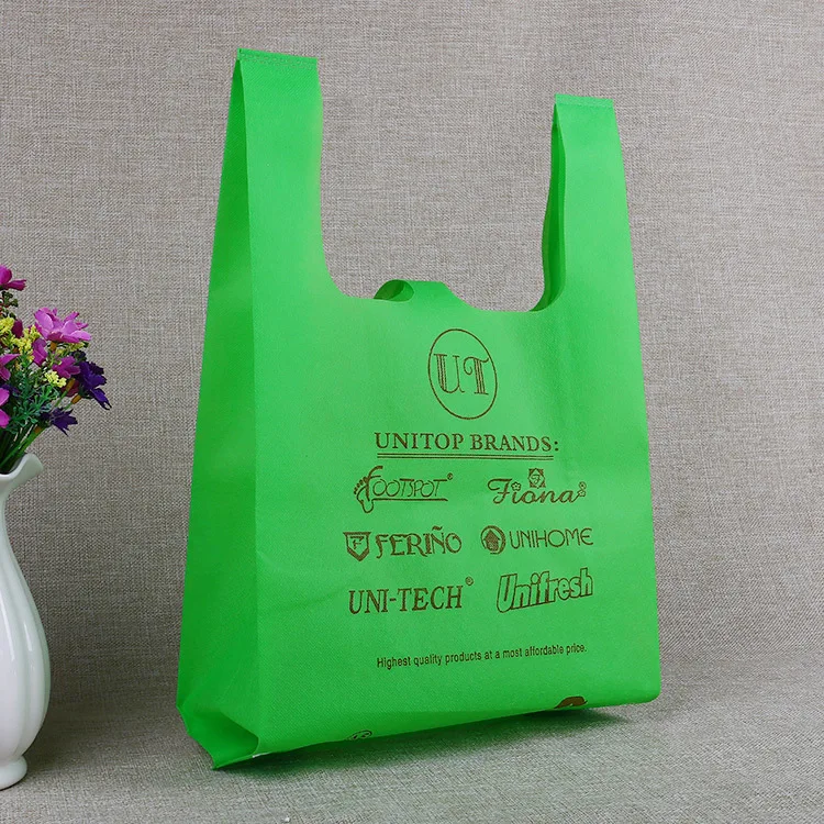 

30*50+14cm cheap price China promotional non-woven vest bag green non woven T shirt bag vest carry, Customized color