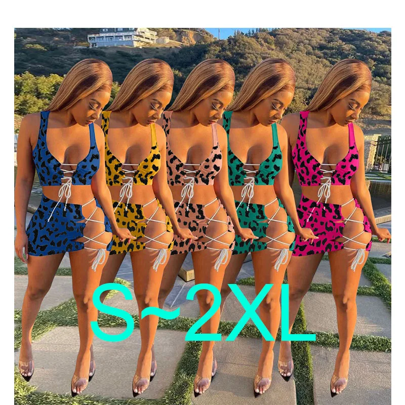 

Summer Sexy Bikinis Bandage Two 2 Piece Set Bathing Suits Swimwear Blue Xl Animal Print Leopard Swimsuit