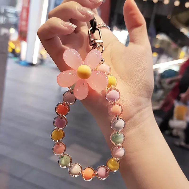 INS Handmade Colorful Crystal Bead Mobile Phone Chain  For Women Wrist Strap Keychain Cute Flower Mobile Phone Strap Lanyard