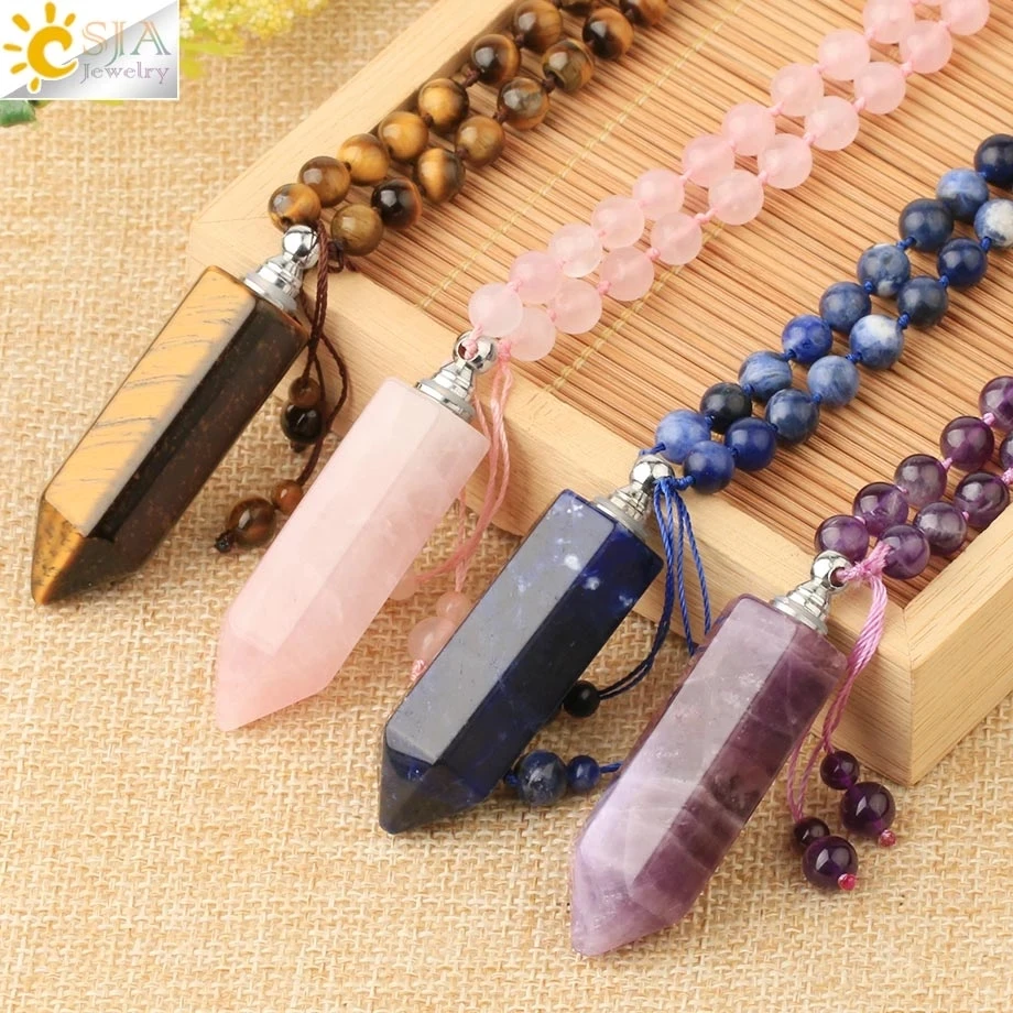 

CSJA Natural Gem Stone Beaded Necklace Hexagonal Perfume Bottle Pendant Essential Oil Diffuser Crystal Jewelry G675