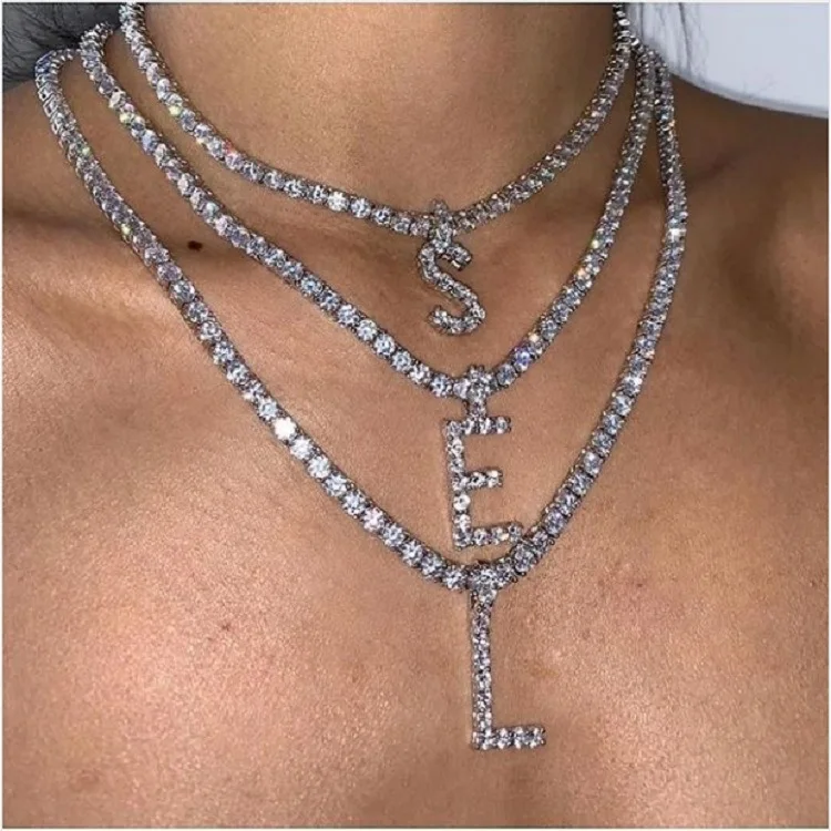

Bling Diamond CZ Cubic Zirconia Iced Out Tennis Chain Letter Necklace Rhinestone Crystal Alphabet Initial Pendant Necklace