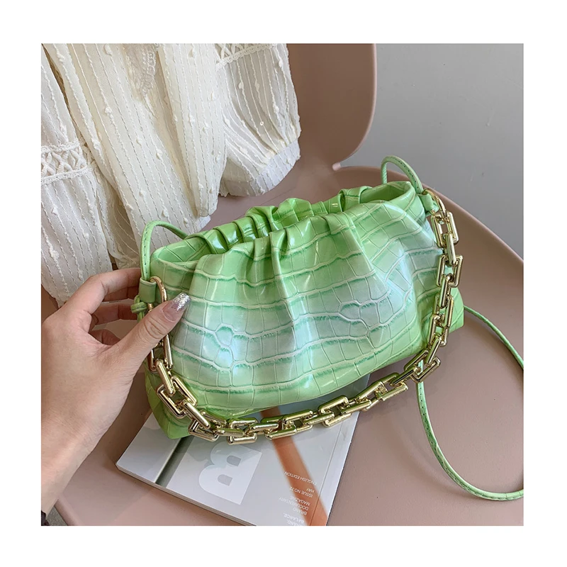 

Thick Chains Pleated Handbags For Women Dumpling Cloud Bags Gradient Color Armpit Bag Female Crocodile Shopping Shoulder Bag