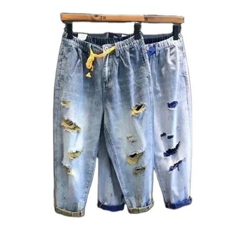 

The latest fashion hole jeans men's middle waist pull line waist loose casual pants