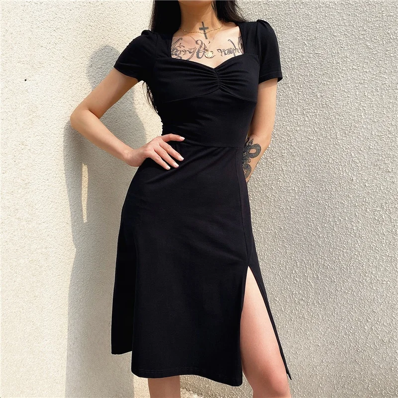 

Spring 2021 new French style retro velvet slit black dress