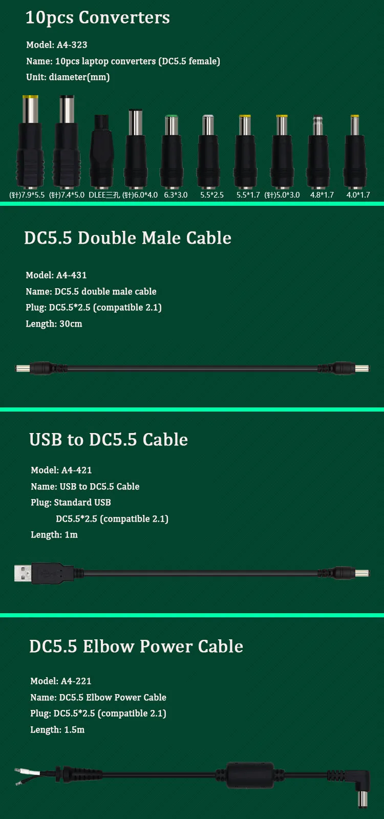 10pcs/set Universal adapter converter for laptop dc power charger connectors 5.5*2.1mm female jack