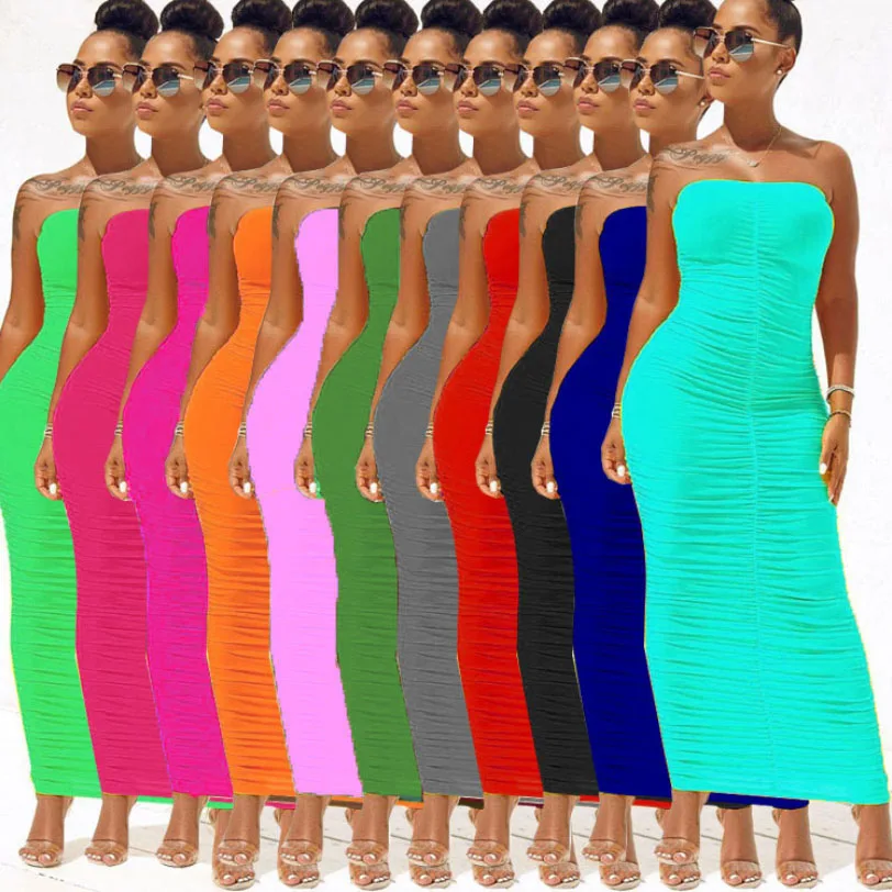 

2021 New Womens Sexy Dresses wholesale clothing Women Summer long boho Maxi Dress Candy color off shoulder strapless dress