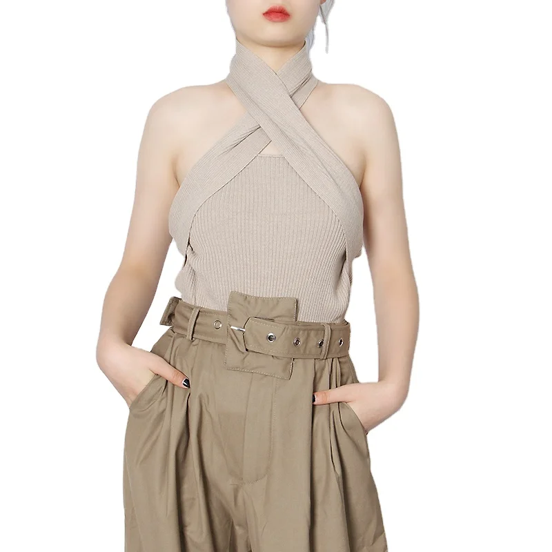 

TWOTWINSTYLE Sexy Cross Knitwear For Women Irregular Collar Sleeveless Backless Ruched Minimalist