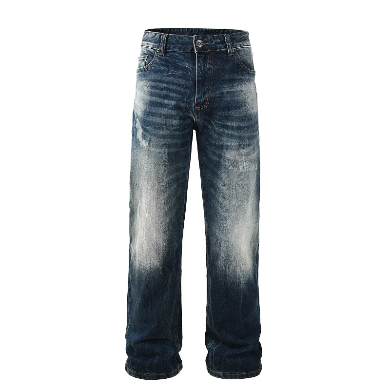 Blue High Street Men's Oversize Straight Denim Jeans Loose Fit Wide Leg Casual Cotton Pants Quality Calca Trousers Summer Washed