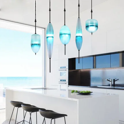 2020 simple modern round blue glass LED restaurant wire pendant light home indoor kitchen hanging light