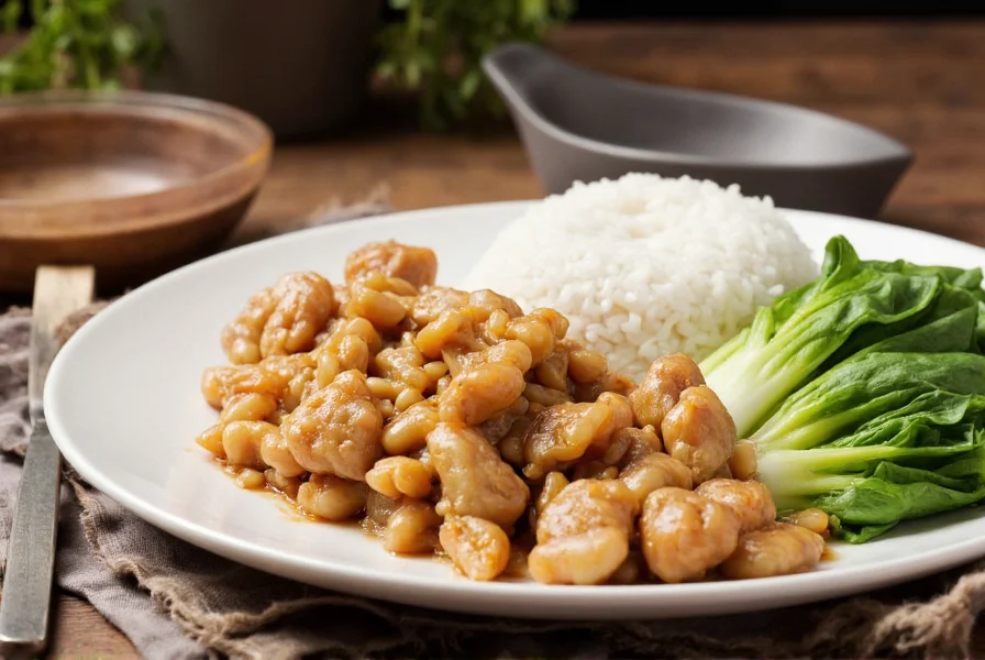 Plated salt and pepper bean curd served with steamed rice and bok choy