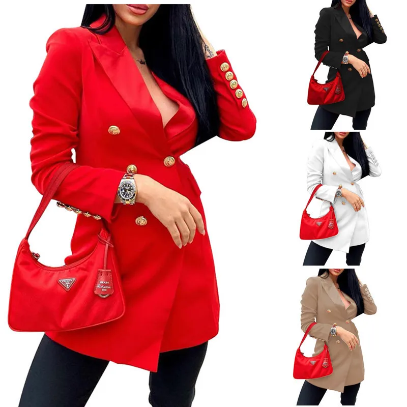 

Hot Sale Women Slim Solid Color Double Breasted Suit Autumn And Winter Stylish Blazer Coats For Women