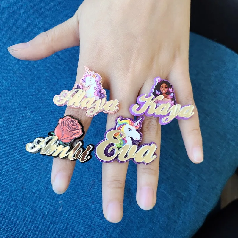 

2021 New Custom Name Letter Ring Acrylic Children's Jewelry Custom Cartoon Pattern Logo Ring for Gift