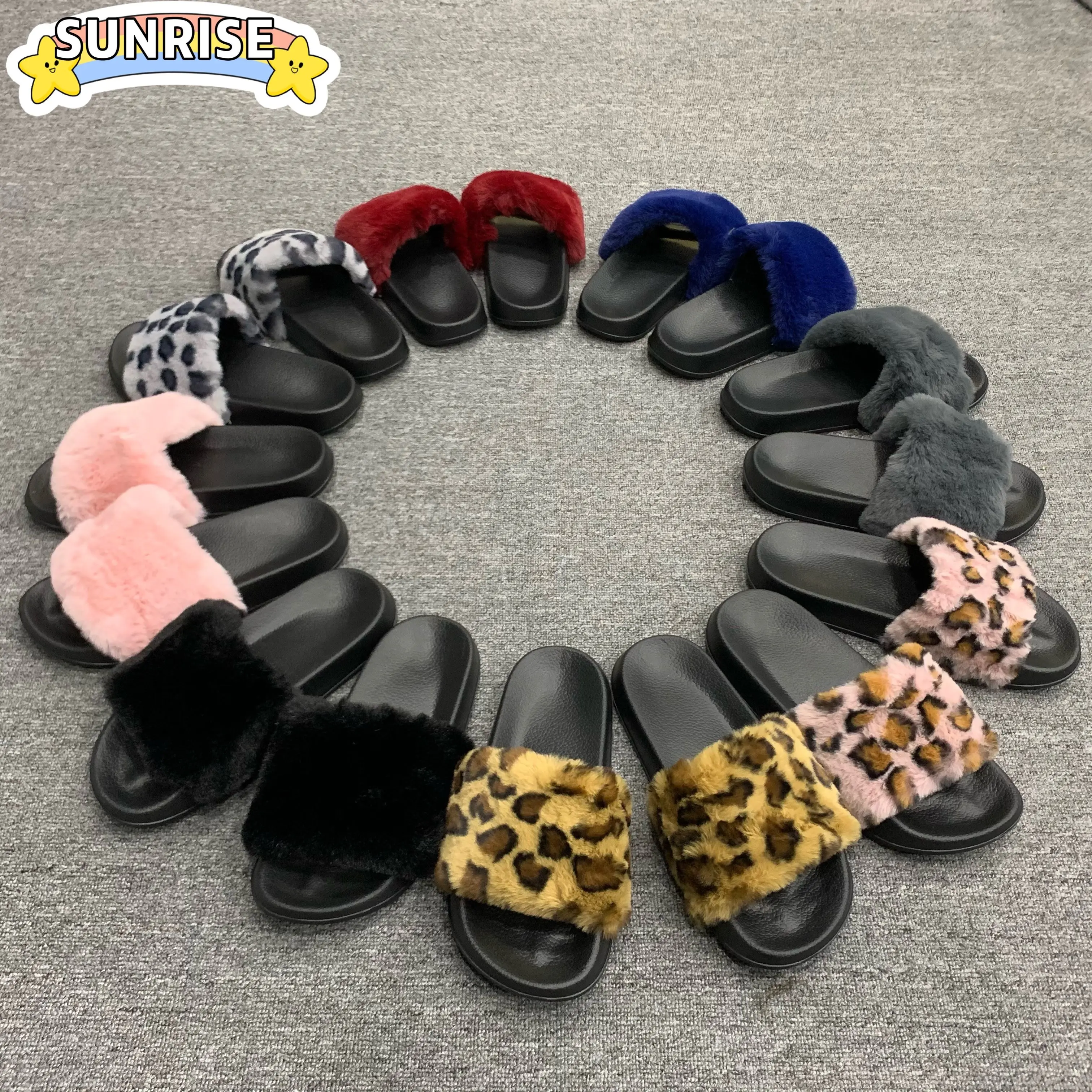 

Customize Logo Big Size Women Faux Rabbit Fur Soft Fluffy Slide Slippers Lightweight Comfortable Outsole