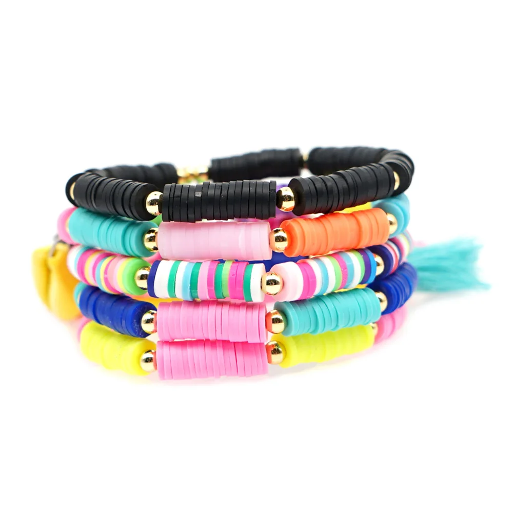 

Bohemian Colorful Polymer Clay tassel Beaded Bracelets Fashion Shell Elastic Bracelet for Women Holiday Jewelry bracelet