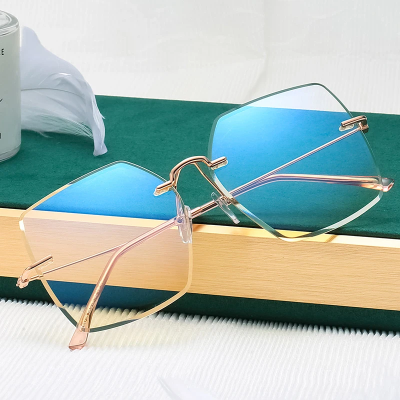 Lmamba Rimless Anti-Blue Light Blocking Eyewear Flat Lens Metal Large Frame Square Optical Frames Reading Glasses