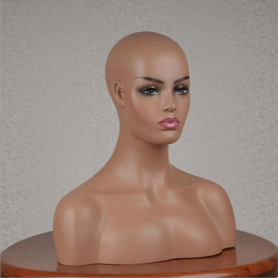 

Dark Skin Brown Head Mannequin For Display Training Wig Realistic Mannequins Female Head With Shoulders Busts, Dark skin tone