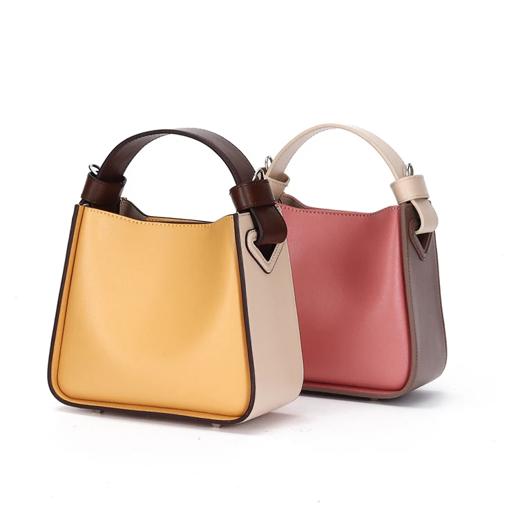 

EMGL010 New female wild contrast color designer genuine leather bucket handbag women's manufacturer custom tote bag with logo