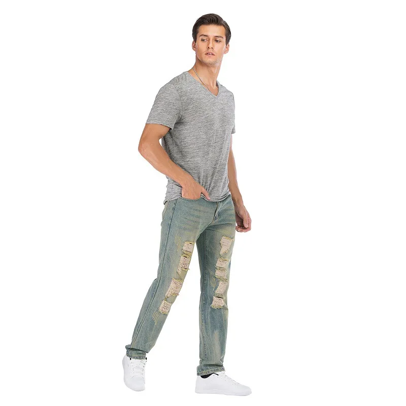 

New Men's Cotton Straight Leg Denim Trousers Fashion Distressed Ripped Jeans