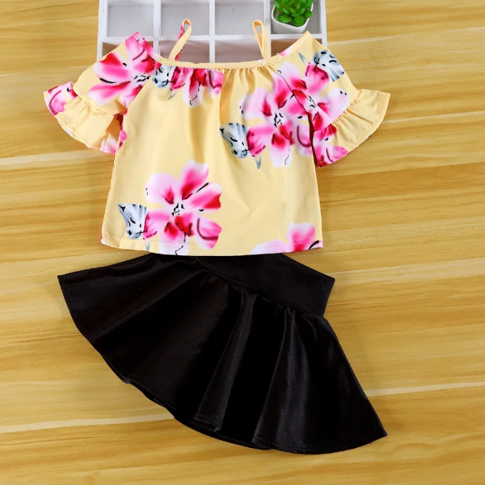 
China cheap price clothes for kids new design 2pcs summer casual wear sets little girls flower print blouse +princess skirt 