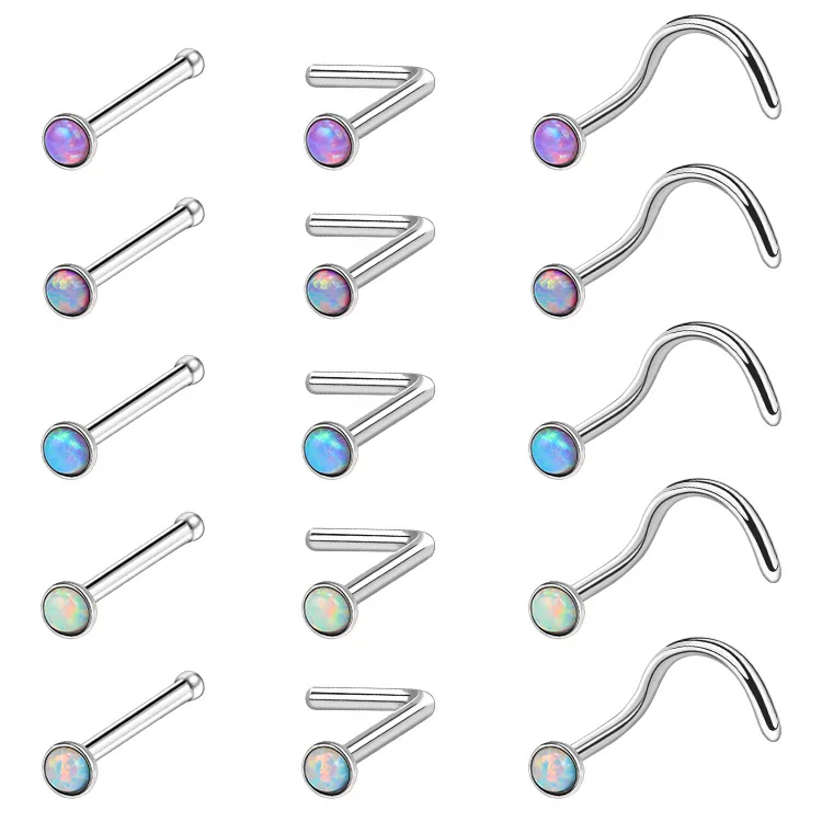 

POENNIS Stainless Steel Nose Piercing Set 6 Colorful Opal Nose Studs Retainer Pin L Shape 2MM Nostril Piercing Jewelry 20g