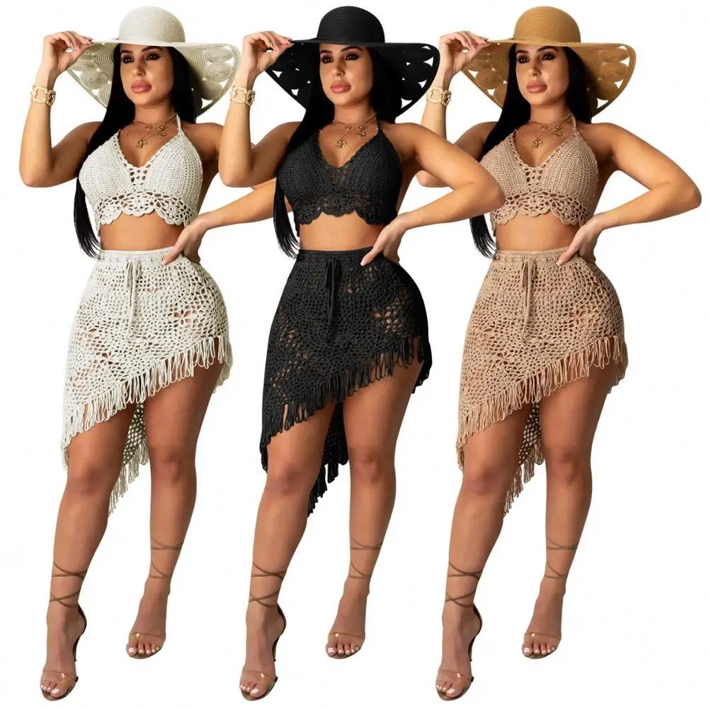 

Women Summer Sexy Casual Beach Crochted Dresses 2020 Women Two Piece Set Clothing 2 Piece Sets Outfits