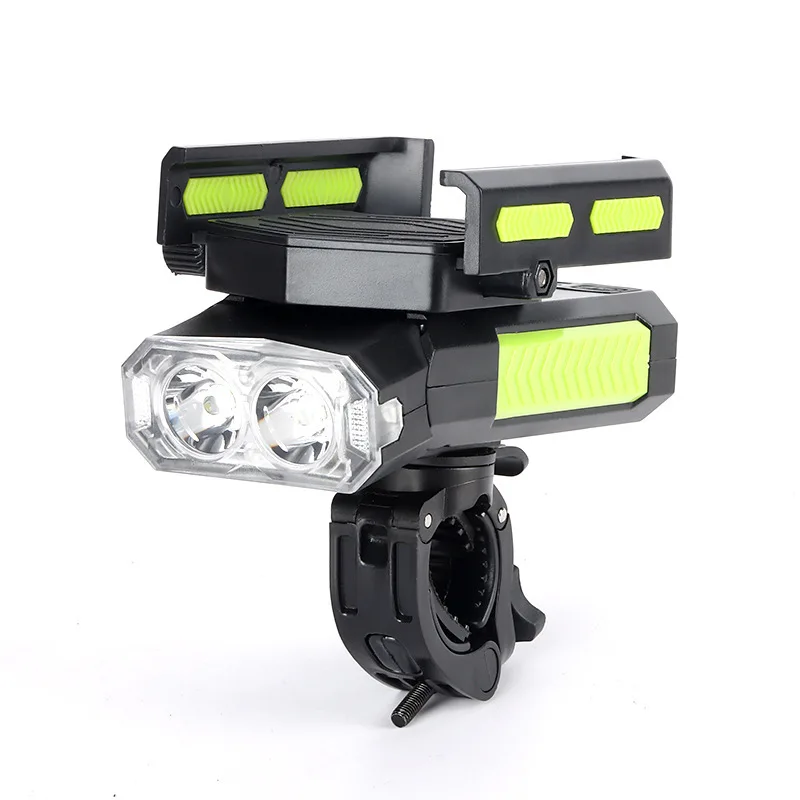 

New 4 In 1 LED Bicycle Front Light Mobile Phone Holder Usb Mountain Bike Electric Horn Double Light Warning Light