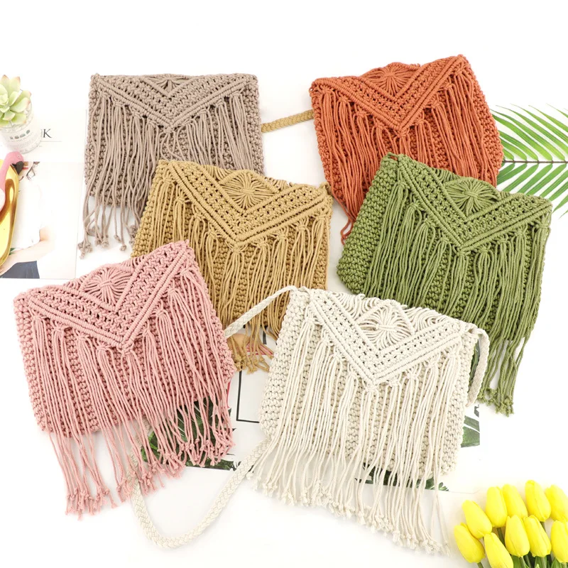 

Fashionable Women Cotton Crochet Tassel Shoulder Bag Bohemian Messenger Bag, Multi color