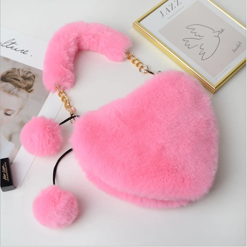 

2020 Popular Cute Plush Heart-shaped Handbags For Girls Wholesale Lovely Gift Woman Bag Faux Fur Women Crossbody Bag, Red, black, pink, watermelon red, light khaki, ginger