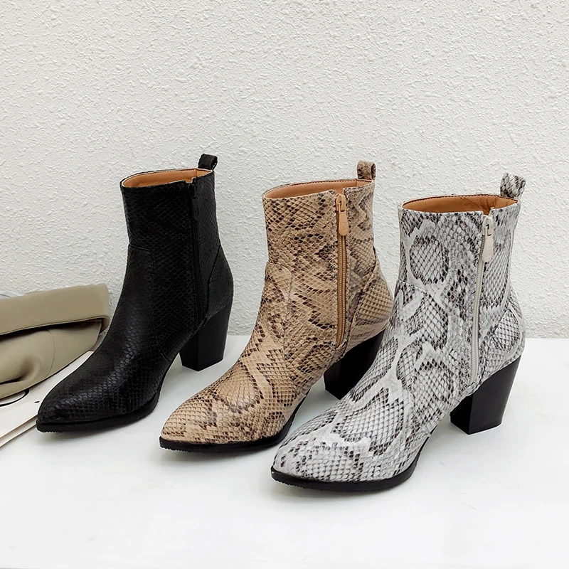 

Women Chelsea Ankle Boots Ladies Chunky Heel Pointed Toe Snakeskin Cowgirl Boot, Yellow,black,grey